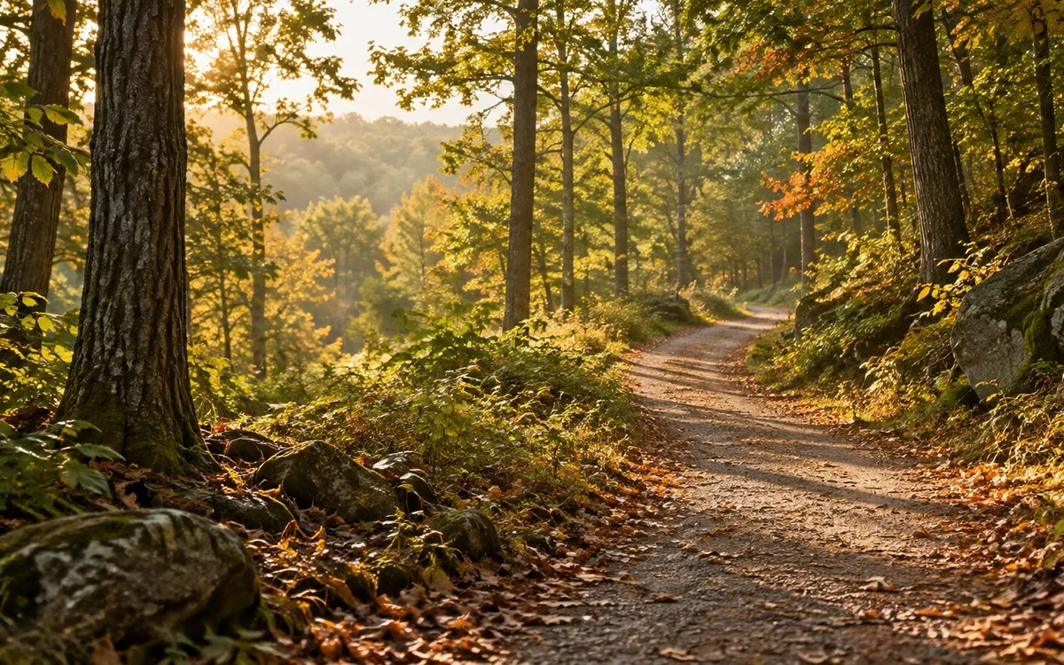 Morning sunlight falls across a winding path through autumn woods