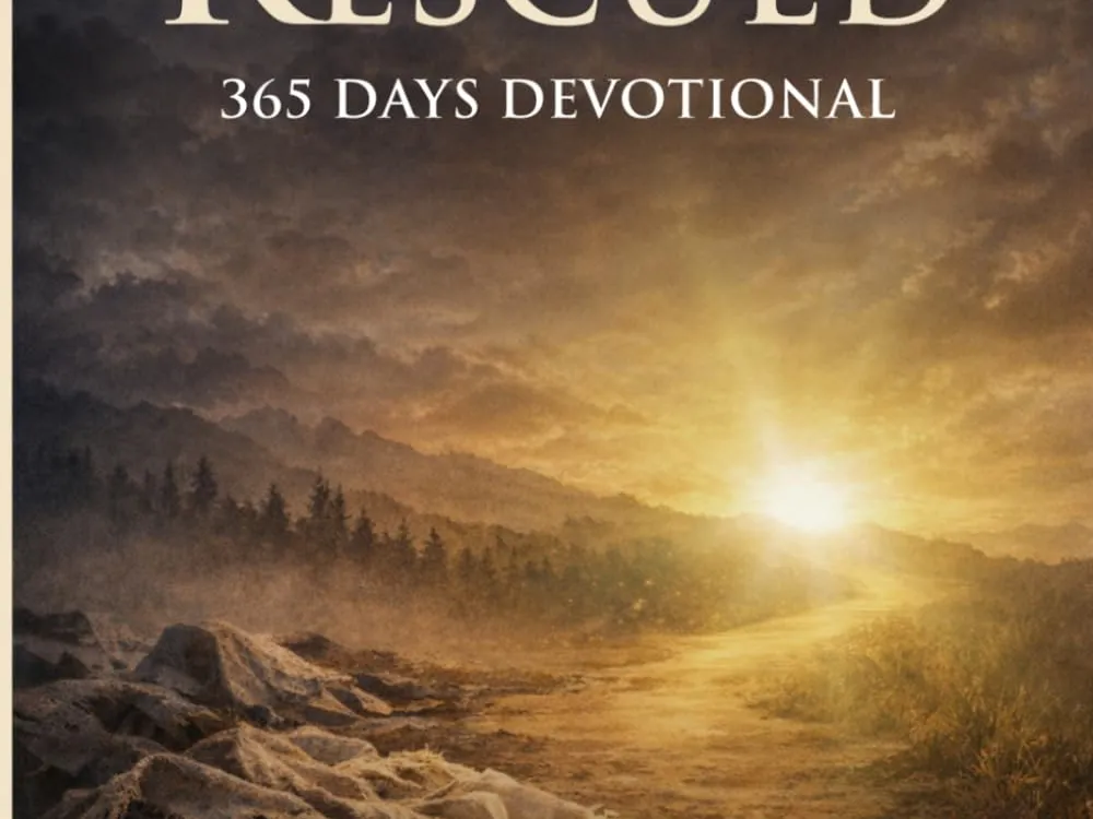 Book cover for 'Rags to Rescued: 365 Days Devotional' by Corey Penrod, showing a sunrise over a path with discarded rags in the foreground