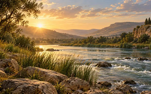 Illustration of a flowing river bordered by rocks and reeds, with golden morning light over distant hills