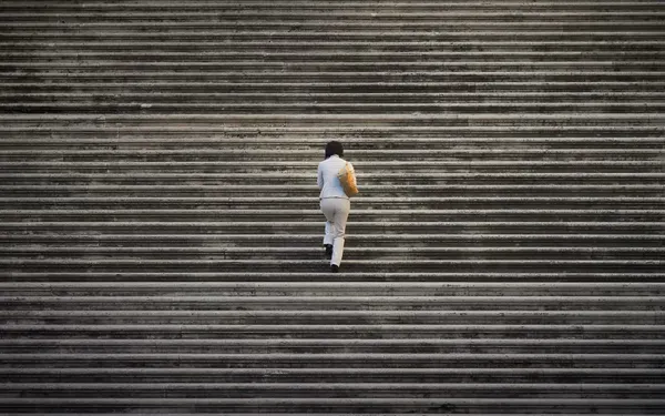 A person carrying a shoulder bag climbs a wide stone staircase one step at a time